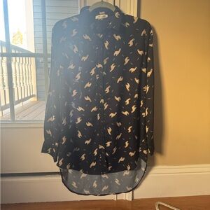 Navy Blue Sheer Button Down with Llamas